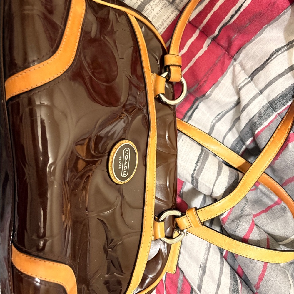 Coach Brown Patent Shoulder Bag with Tan Trim